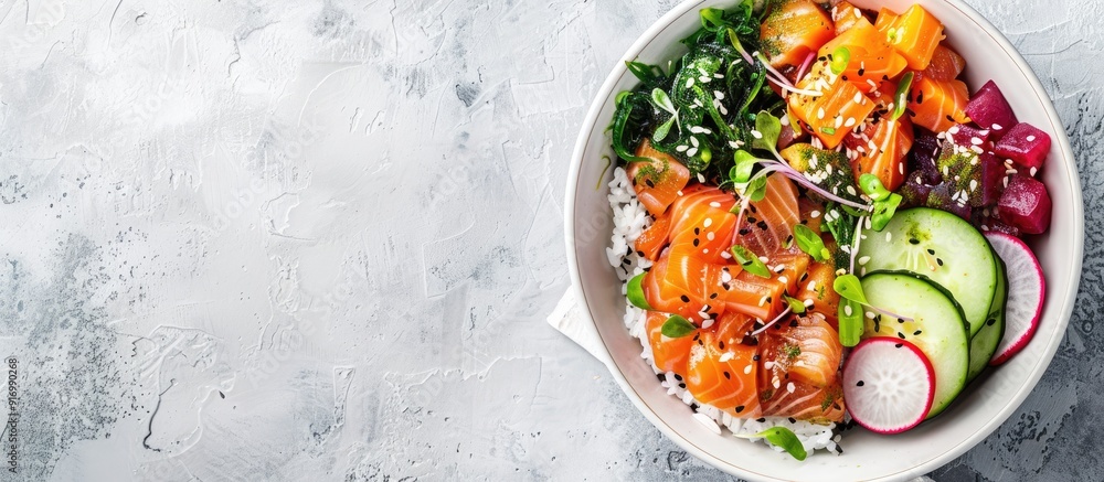 Poster overhead view of a colorful hawaiian salmon poke bowl garnished with seaweed watermelon radish cucum