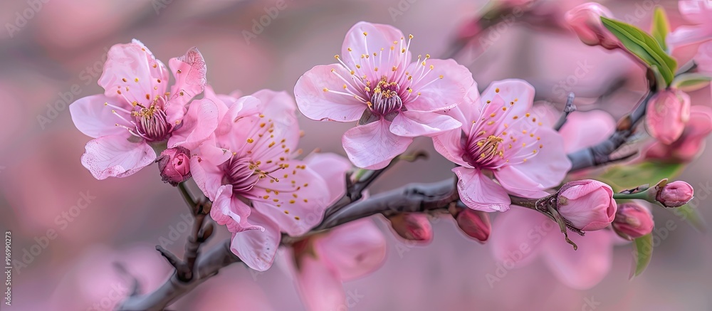 Poster peach blossoms beautifully bloom in spring creating a stunning natural background with ample copy sp