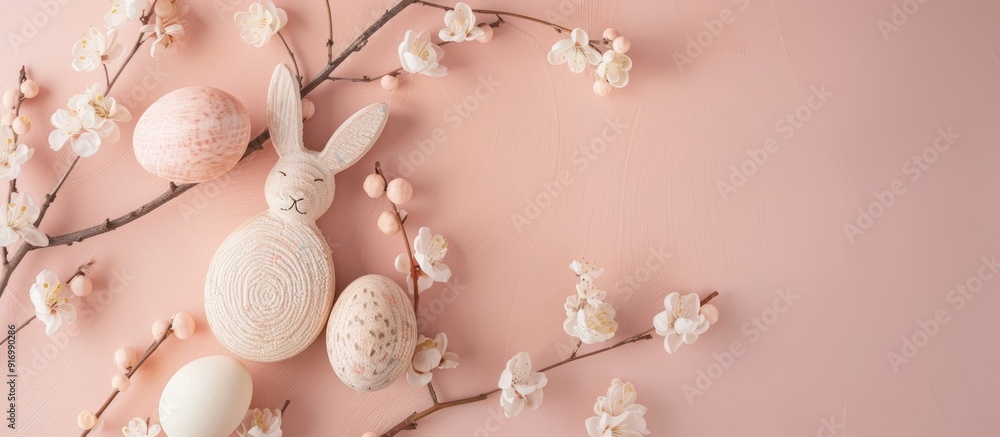 Poster flat lay view of easter decorations with a wooden rabbit and willow branch placed on a soft pastel p