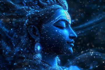 An abstract digital background featuring the revered figure of Lord Shiva set against the iconic landscape of Haridwar