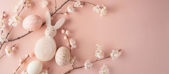 Flat lay view of Easter decorations with a wooden rabbit and willow branch placed on a soft pastel pink background featuring copy space image