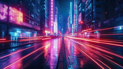 47. Futuristic city streets at night filled with vibrant neon lights and dynamic holographic projections creating an electric atmosphere