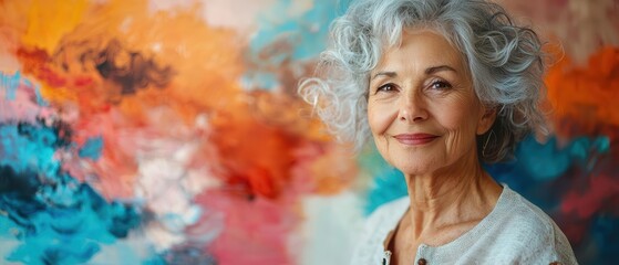A senior woman painting with a joyful and focused expression