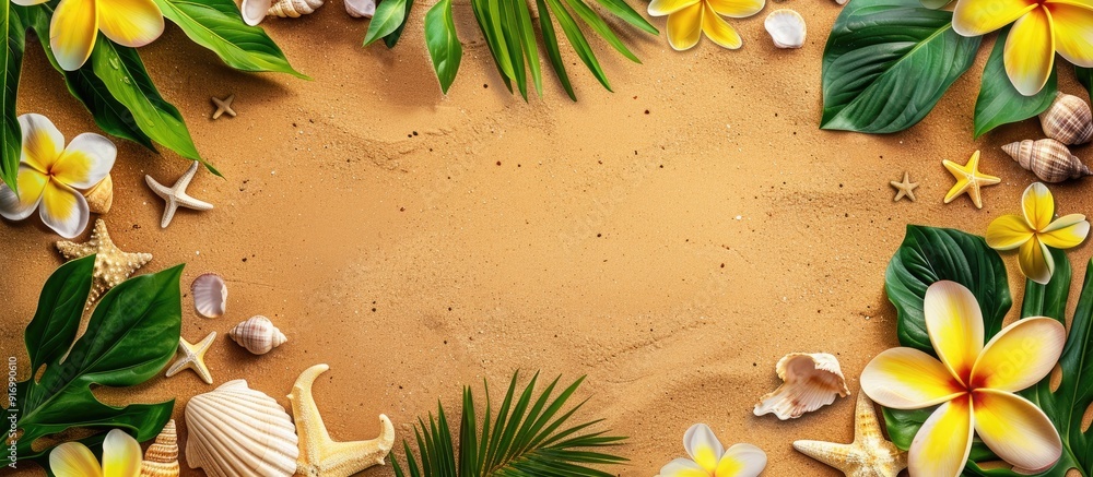 Poster a horizontal background frame in sand featuring tropical leaves seashells a starfish and a yellow fr