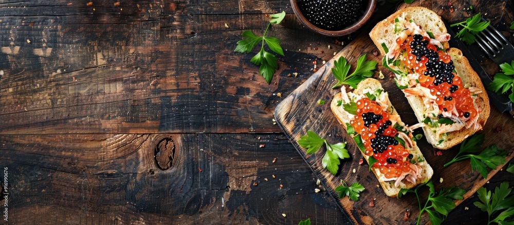 Poster A rustic top view image of a table showing a delectable seafood sandwich with fresh black caviar ideal for an appetizer or meal with ample copy space in the background