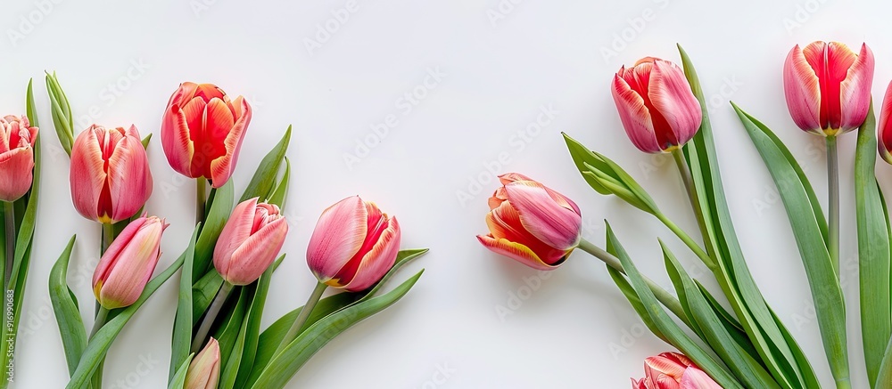 Leinwandbilder top view of lovely spring tulips against a bright background with space for additional image