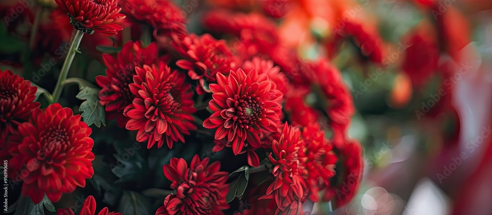 Poster background of a floral shop with a bunch of red chrysanthemums perfect for a copy space image