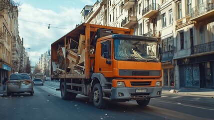 large truck on the city street carry used broken furniture for recycling : Generative AI