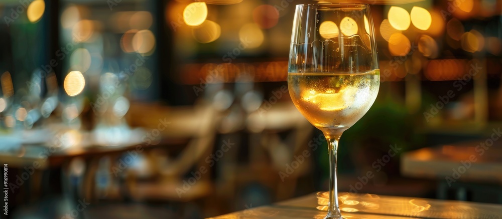 Poster a luxurious background setting in a restaurant highlighting a glass of white wine with copy space im