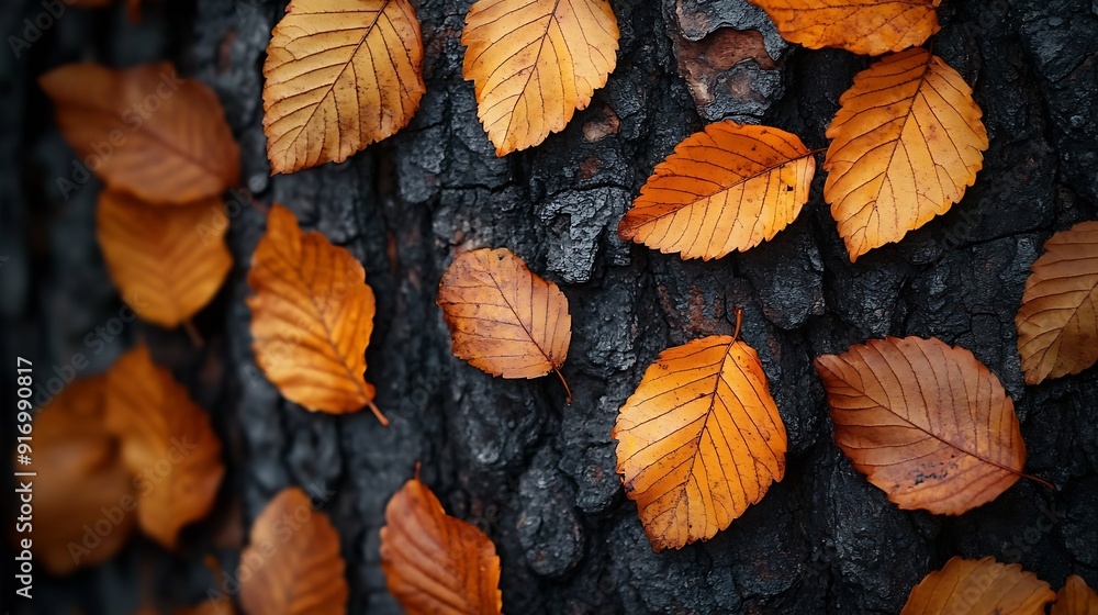 Aufkleber image of autumn leaves close up over tree trunk background : generative ai