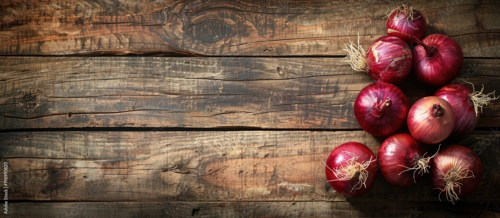 Aufkleber old rustic wood table background with spanish onions creates a picturesque setting for a copy space 
