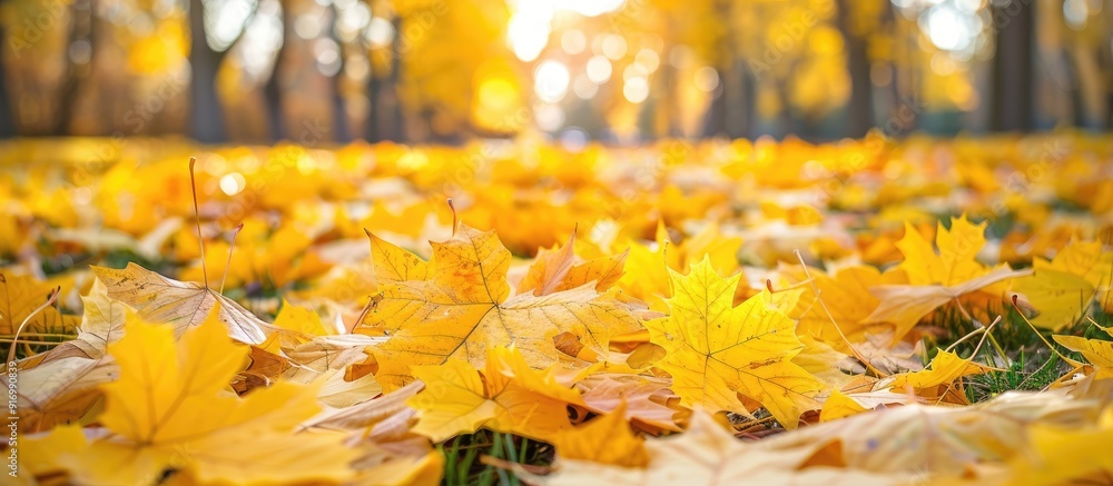 Aufkleber yellow leaves blanket the fall park creating a picturesque scene with ample copy space image
