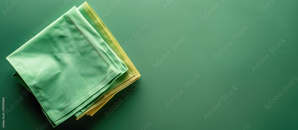 Aufkleber Copy space image showing a top down view of a green kitchen napkin neatly folded on a table set against an isolated background in a minimalistic flat lay style
