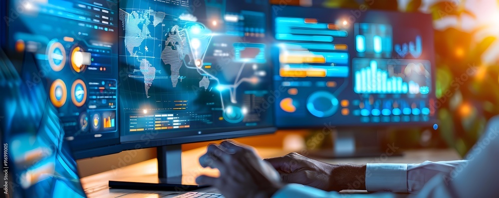 Poster businessman analyzing data on computer screens.