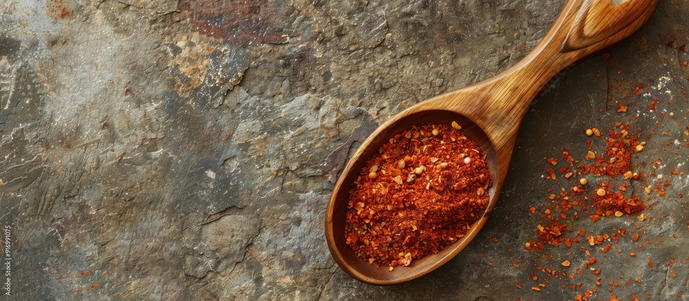 Poster Wooden spoon filled with crushed paprika displayed on a stone table with ample copy space for customization in the image