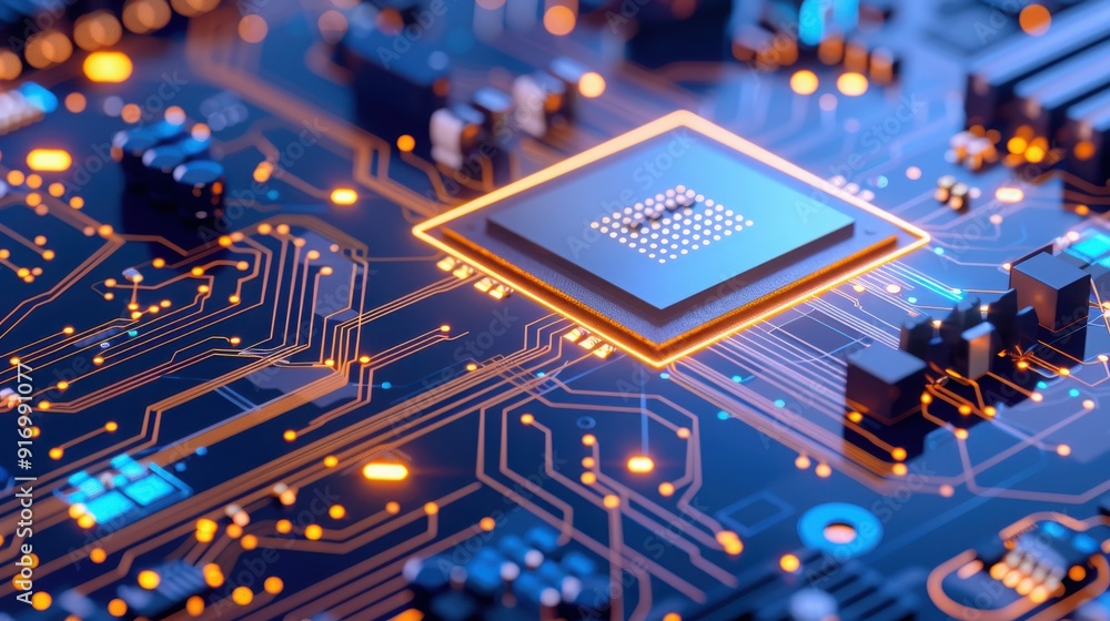 Poster close-up of a modern microchip on a circuit board, showcasing intricate patterns and glowing connect