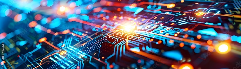 Aufkleber abstract circuit board with glowing lines and bokeh lights.
