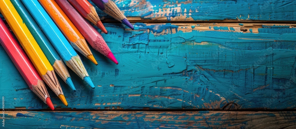 Fototapete pencils and eraser in vivid colors arranged on a rustic wooden table with ample copy space image