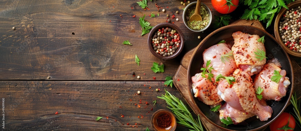 Aufkleber Rustic wooden table setup with marinade raw chicken wings and various items for a flat lay composition providing ample copy space image