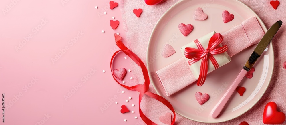 Aufkleber valentine s day table setting with hearts gift and copy space image on a pink backdrop