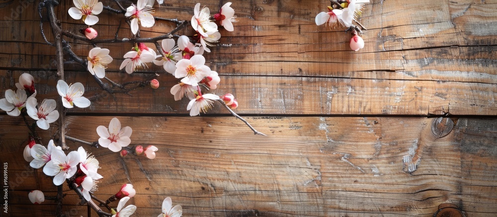 Poster spring branches with white pink blossoms on a wooden background form a rustic composition on a vinta