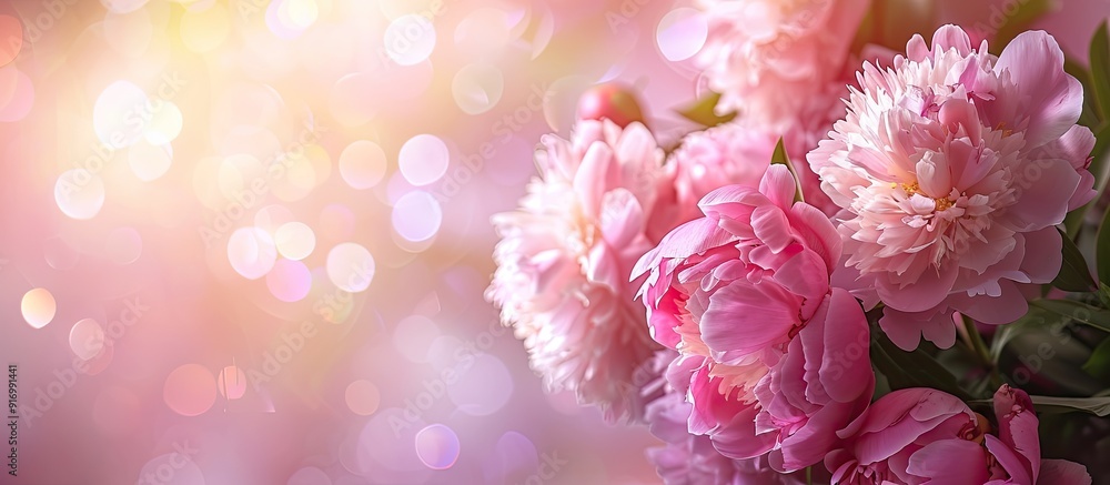 Poster stylish pink peony bouquet in close up view with a delicate floral pastel background ideal for a car