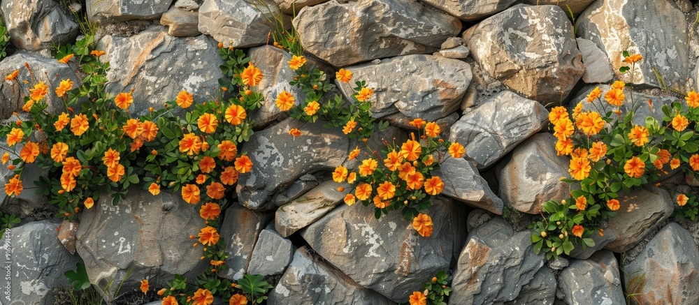 Aufkleber a natural barrier of rocks adorned with vibrant orange flowers creating a refreshing and picturesque
