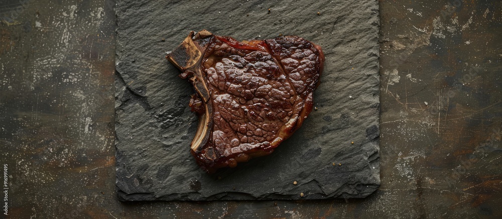 Aufkleber top down view of a t bone steak on a stone surface providing ample copy space in the image