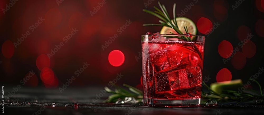 Poster a red cocktail drink with lime ice cubes and rosemary in a glass set against a dark background with 