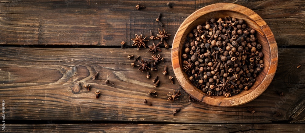 Leinwandbilder top view of a wooden table with a bowl of aromatic dry cloves offering a copy space image for text