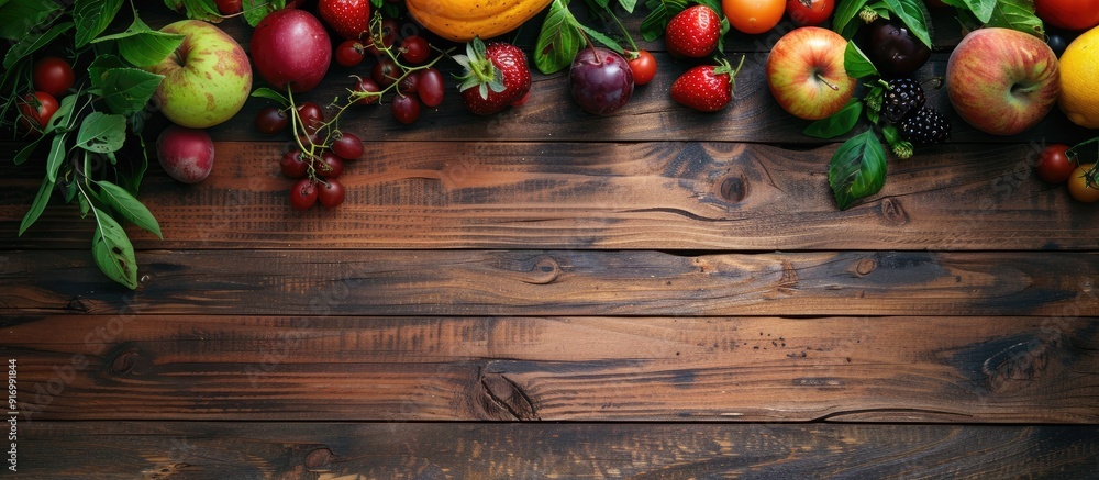 Aufkleber wooden table with a fruit frame is ideal for a copy space image emphasizing healthy food diet garden