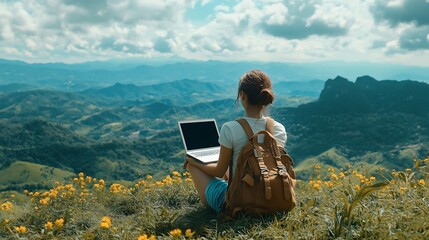 Young woman freelancer traveler working online using laptop and enjoying the beautiful nature landscape with mountain view : Generative AI