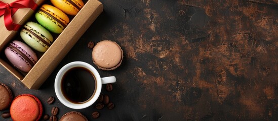 Colorful macaroons and coffee displayed in a gift box viewed from the top with available copy space image