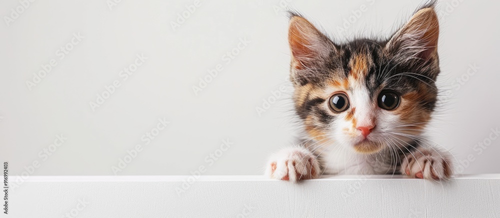 Aufkleber cute maine coon kitten with tortoiseshell fur peeking from a white frame gazing directly at the came
