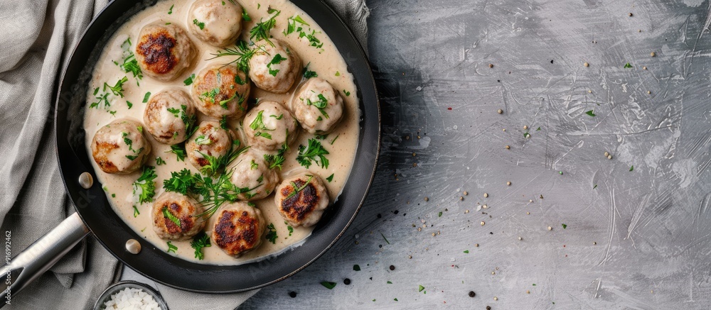 Poster swedish meatballs in creamy sauce on a skillet against a gray backdrop seen from above with space fo