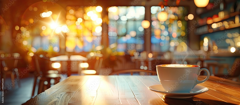 Sticker Morning atmosphere in a coffee shop featuring a cup of hot coffee on the table with a blurred coffee shop setting in the background creating a soothing copy space image