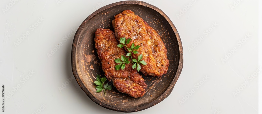 Poster Top down view of fried pork and beef cutlets served on a rustic plate against a blank white backdrop creating an ideal copy space image