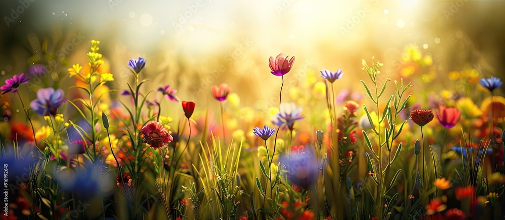 Poster vibrant flowers in the open field with copy space image