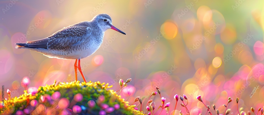 Poster Springtime brings a vibrant scene with a redshank bird against a bright background a perfect copy space image for nature enthusiasts