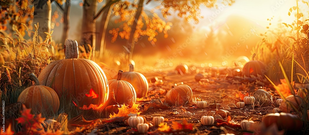 Poster autumn themed pumpkin patch scene with copy space image