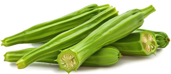 Isolated green okras with clipping path on a white background for use as a copy space image