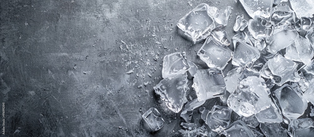 Poster top view of crushed ice on a grey backdrop with copy space image available