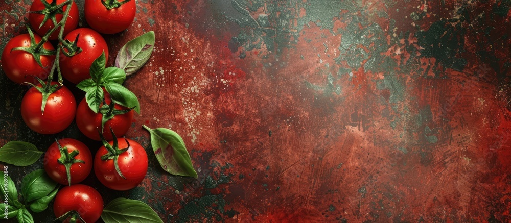 Poster fresh cherry tomatoes and vibrant green basil on a textured backdrop with a place for text image sui