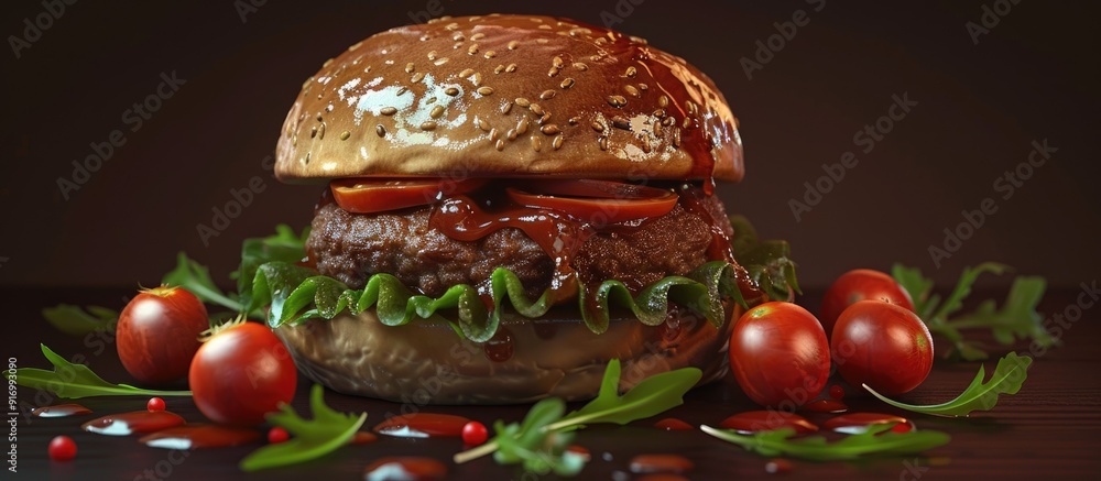 Poster burger with meat patty and cherry tomatoes on a. . image with copy space