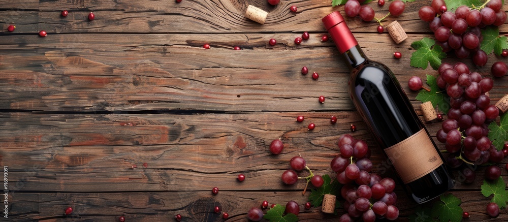 Poster red wine bottle with grapes and corks on a wooden surface creating a rustic look with surrounding em