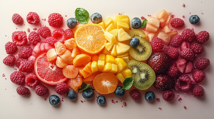 A Rainbow on Your Plate: A vibrant assortment of freshly cut fruits arranged by color, offering a delicious and healthy visual feast.