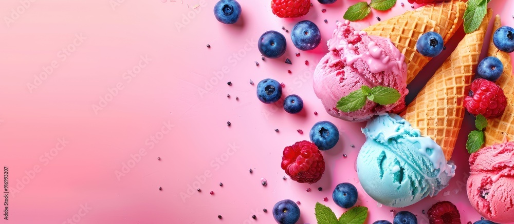 Poster vibrant ice cream in colorful cones on a bright background topped with fresh berries displayed in a 