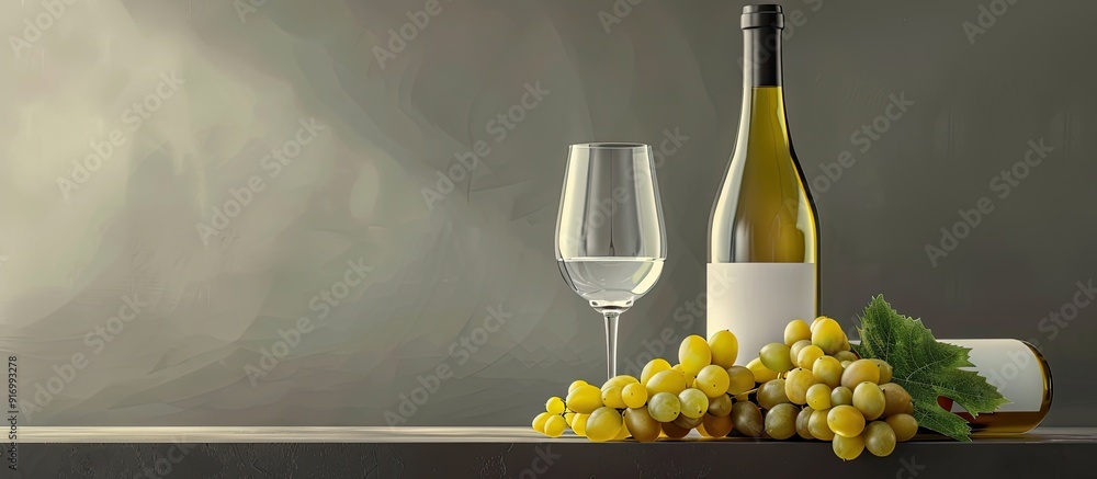 Poster white wine bottle grapes and glasses arranged on a gray backdrop with ample copy space image availab