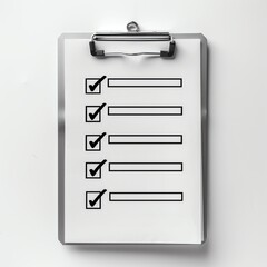 Top-down view of a clipboard with a checklist. Five items, three checked off. Ideal for productivity and organization themes.