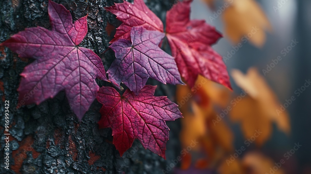Poster Red and violet spiky leaves with veins on surface growing on tree in forest in autumn in daylight : Generative AI